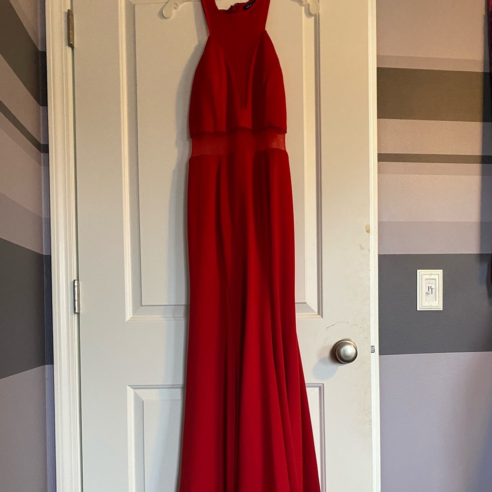 Red floor length mesh waist prom dress